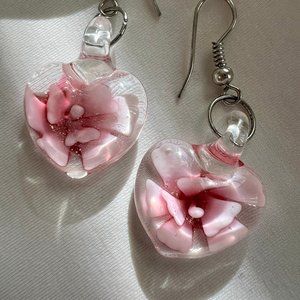 Pink Flower Art Glass Heart Dangle Hook Fashion Costume Earrings